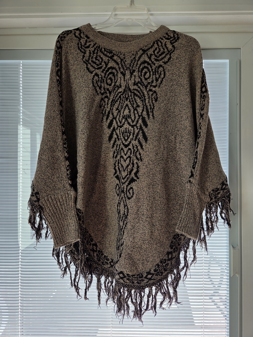 Bohemian Made in India Marl Knit Fringed Poncho Sweater